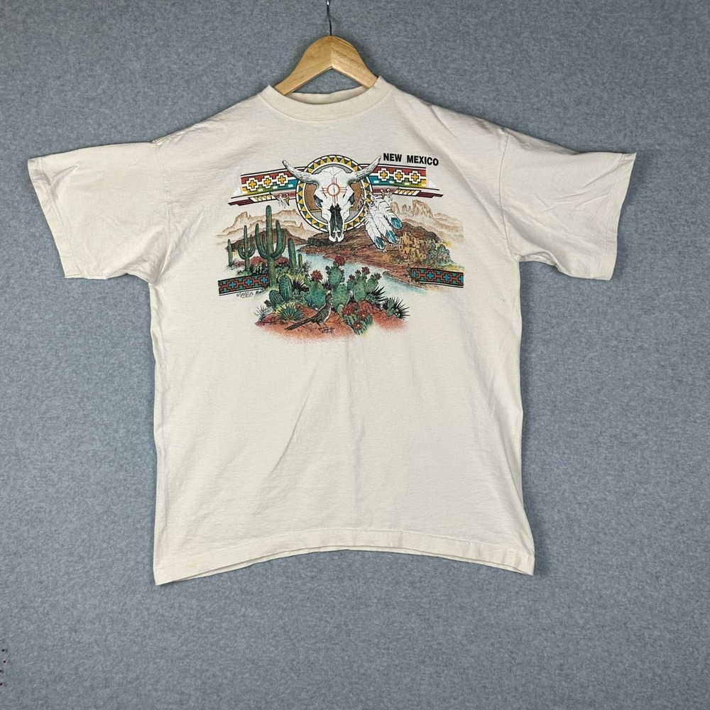 New Mexico Sansegal Puff Paint Skull Cactus T-Shirt - XL Cream Cotton